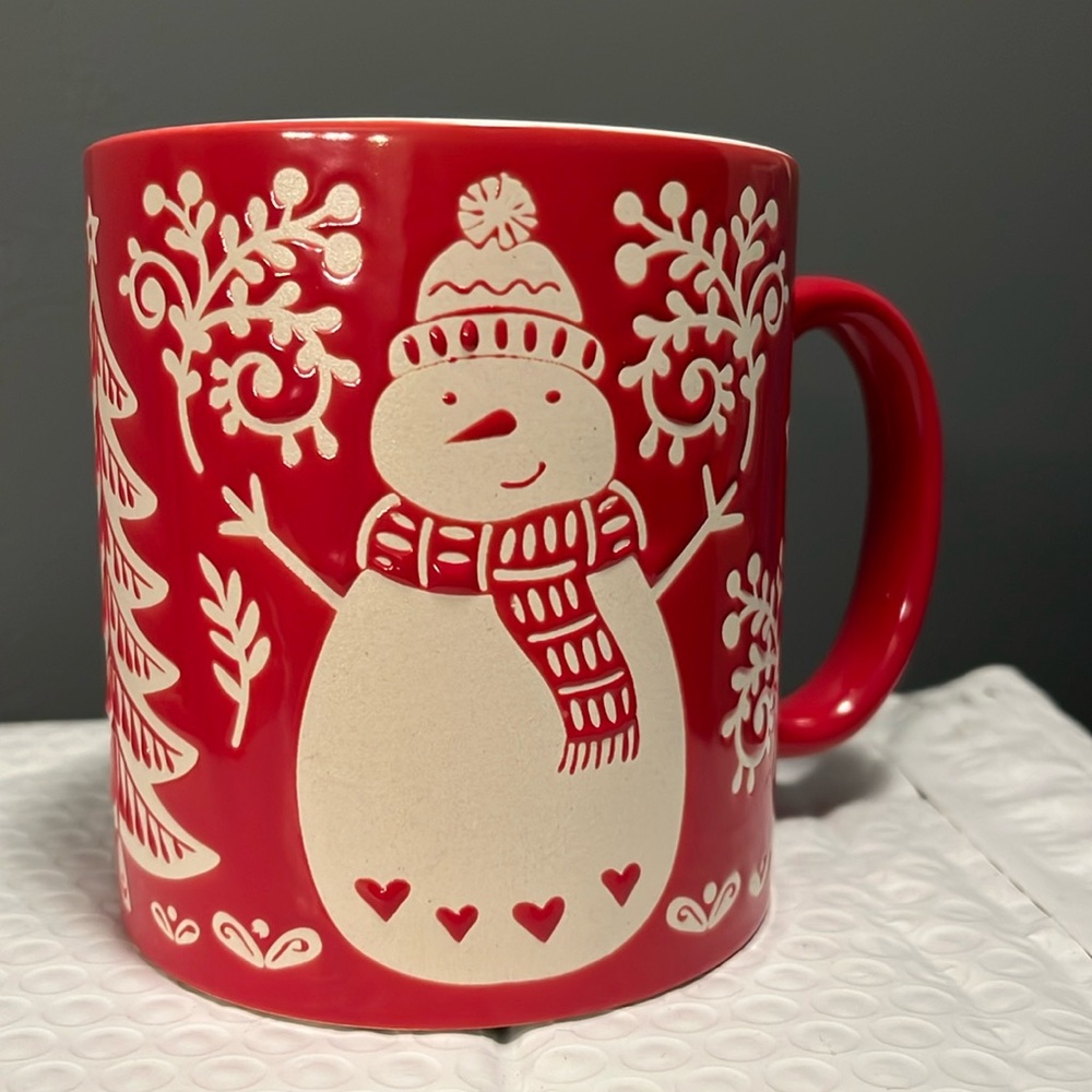 LARGE Jessica Simpson Engraved Snowman Christmas Tree Mug Red & White Adorable!